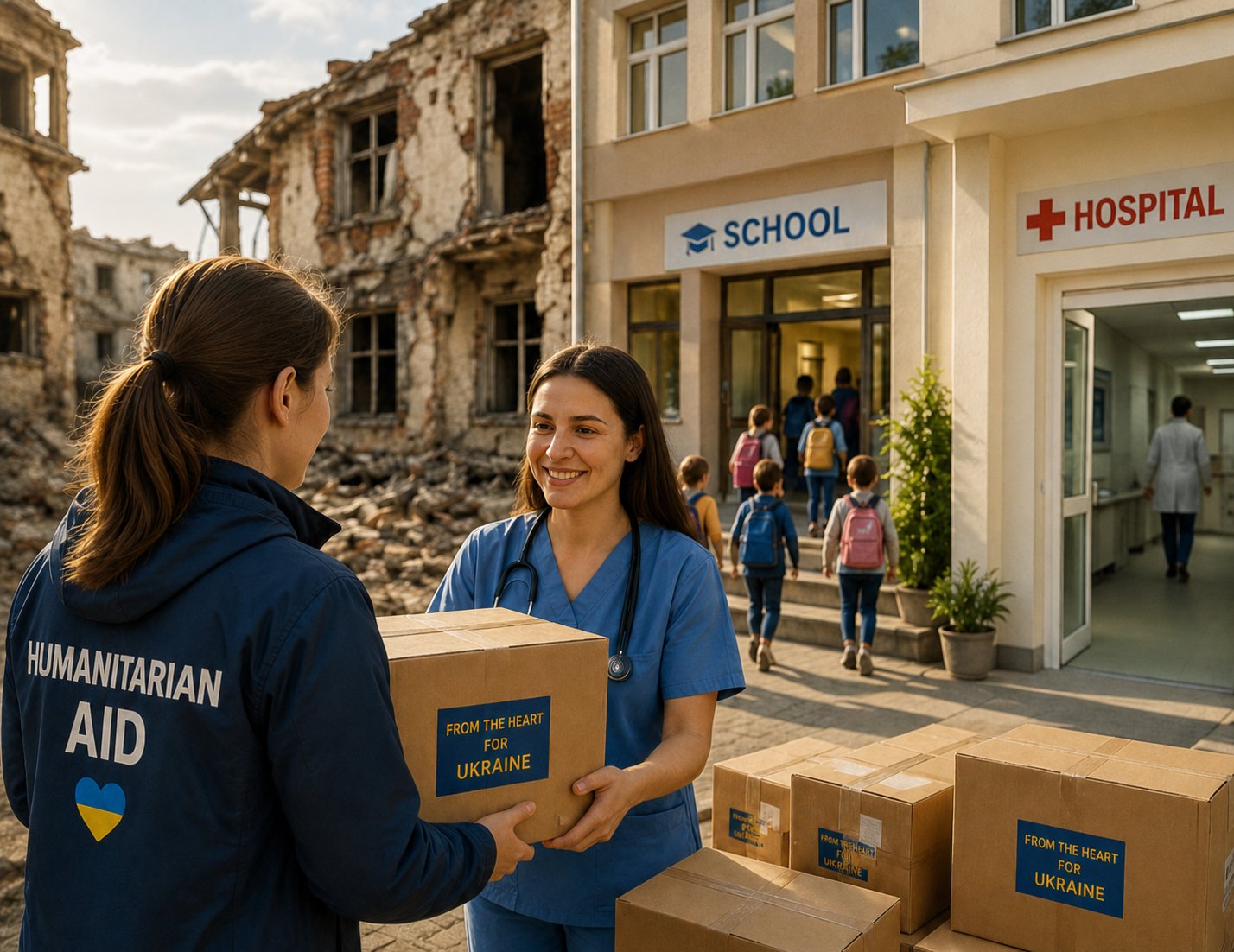 Humanitarian aid worker delivering a From the Heart for Ukraine relief box to a healthcare worker outside a school and hospital