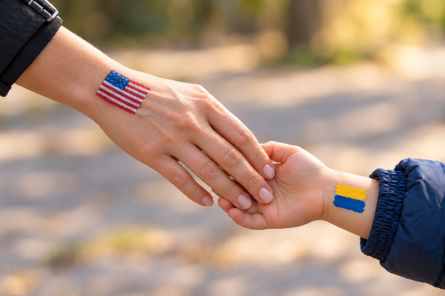An adult's hand with a painted American flag reaching toward a child's hand with a painted Ukrainian flag