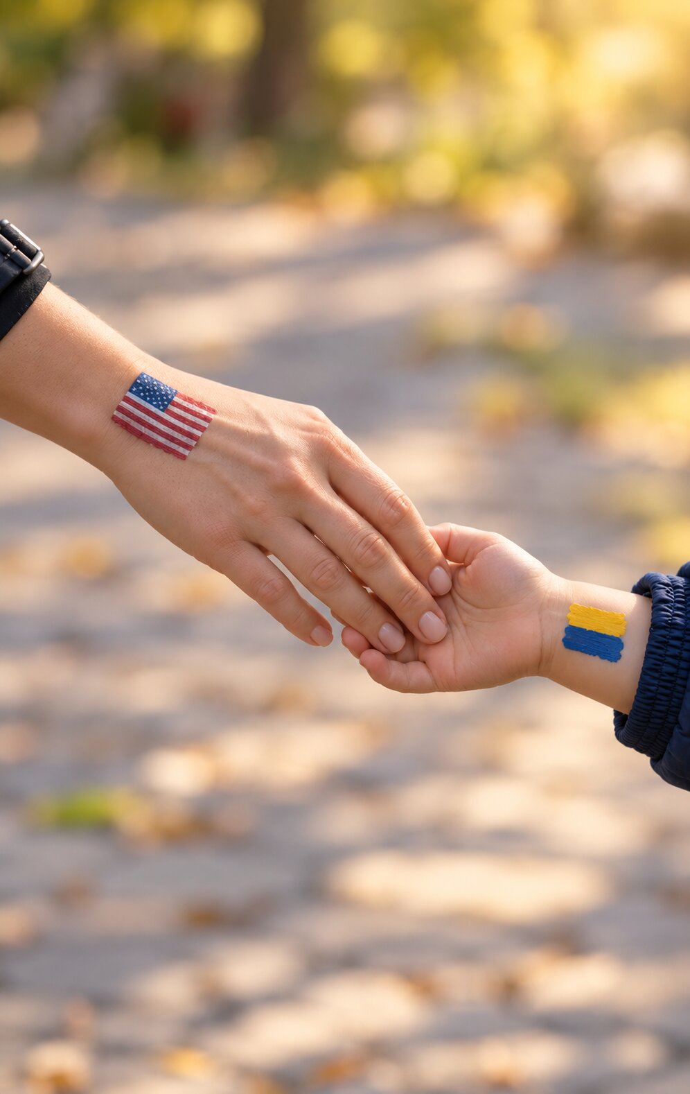 An adult's hand with a painted American flag reaching toward a child's hand with a painted Ukrainian flag